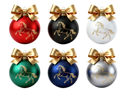 Set of six Christmas ornaments with gold horse silhouettes on balls in assorted colors, transparent background, ideal clipart for holiday cards, gift tags, banners and festive designs.