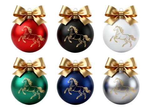 Set of six Christmas ornaments with gold horse silhouettes on balls in assorted colors, transparent background, ideal clipart for holiday cards, gift tags, banners and festive designs.