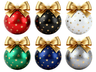 Set of six Christmas ornaments with gold star patterns and bows in assorted colors, transparent background, ideal clipart for holiday cards, invitations, banners and seasonal designs.