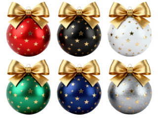 Set of six Christmas ornaments with gold star patterns and bows in assorted colors, transparent background, ideal clipart for holiday cards, invitations, banners and seasonal designs.
