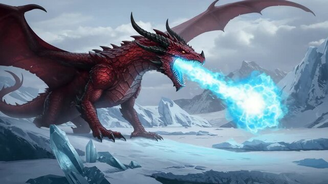 Pixel Art Red Dragon Breathing Blue Fire Over Snowy Mountain Range With Icy Crystals in Cold Winter Landscape