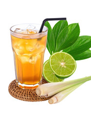 Fototapeta premium Delicate thai lemongrass infusion served over ice, a simple and healthy herbal tea, isolated on a white background