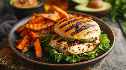 Grilled chicken burger with avocado and sweet potato fries on a rustic wooden table setting close up