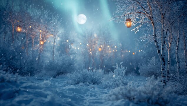 Winter wonderland snow scene with lanterns and moonlit sky for christmas holiday card