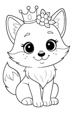 Obraz premium A cartoon fox cub in black and white with big eyes and a sweet smile. He has a crown and a flower on his head, a children's coloring book.