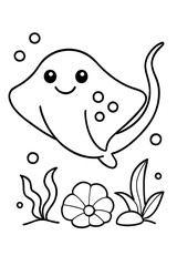 Obraz premium black and white cartoon stingray. He swims among bubbles and seaweed, children's coloring book.