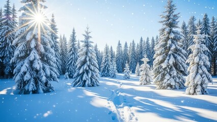 Naklejka premium A winter wonderland scene with snow covered trees and sunlight shining through the forest canopy above