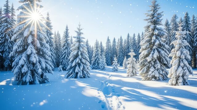 A winter wonderland scene with snow covered trees and sunlight shining through the forest canopy above