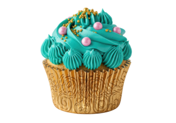Isolated cupcake with teal frosting, gold sprinkles, and pink pearl candy topping