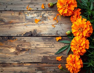 Bright orange marigolds rest on distressed wooden planks. Fresh green leaves intermingle with scattered flower petals