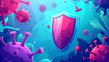 Cartoon shield surrounded by coronavirus microbes against a teal background with stylized flora illustrations