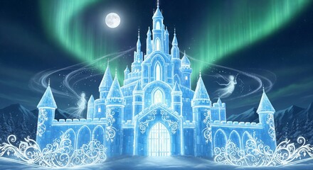 Fototapeta premium Enchanted ice castle under northern lights at night with full moon and snowy landscape for winter fantasy illustration. concept of magical wonderland, fantasy realm, winter imagery