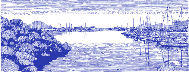 Naklejka premium A blue and white drawing of a river with a boat floating in the water. The boat is located in the middle of the river. vector illustration