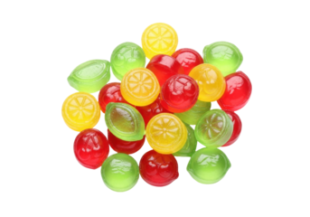 Isolated assorted fruit flavored hard candies in a colorful pile for confectionary concept