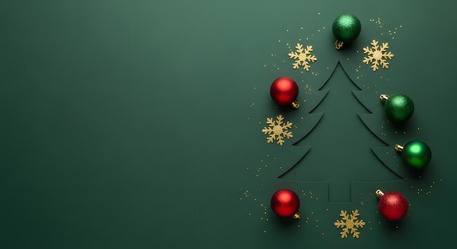 Minimalist christmas tree made of ornaments and sprigs on green background