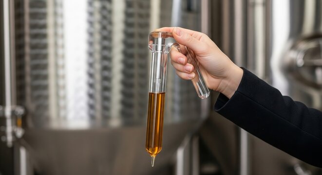 Woman hand holding hydrometer for testing liquid in brewery. Quality control and measurement in industrial production and food beverage industry.
