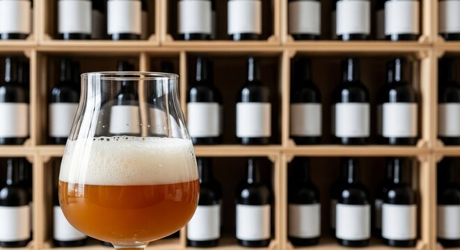 Glass of craft beer with foam on top with blurred beer bottles with blank label for brewery branding on wooden rack shelf. copy space