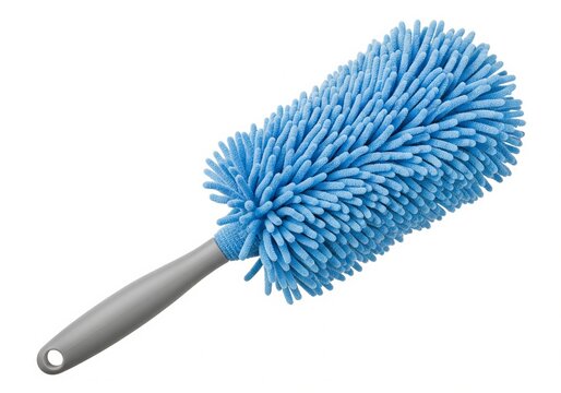 Blue microfiber feather duster with gray handle on white background for cleaning house or office. Housekeeping tool and chore concept. - Powered by Adobe