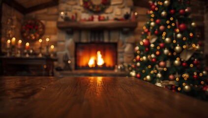 Obraz premium Christmas background with fireplace and christmas tree for product placement mockup
