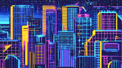 Vibrant abstract pixel art cityscape with retro geometry in neon colors. concept of futuristic urbanism, digital aesthetics, nostalgia