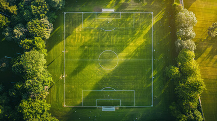 Aerial View of Lush Green Soccer Field Surrounded by Trees, Highlighting the Perfect Summer Day for Outdoor Sports, Recreation, and Nature Enthusiasts