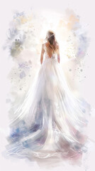 Elegant Bride in White Gown with Delicate Floral Headpiece Watercolor Art. Concept of Bridal Beauty, Wedding Fashion, Feminine Grace, and Artistic Expression. Vertical