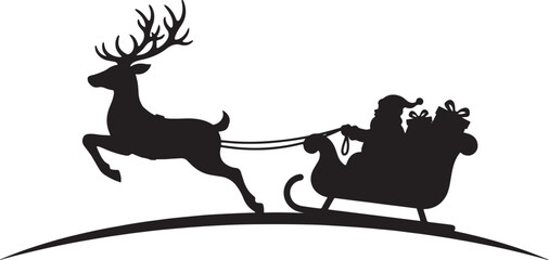 Black silhouette of christmas reindeer and sleigh on white background, vector.