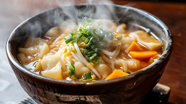A steaming bowl of udon noodle soup with vegetables and dumplings on a wooden surface close up view