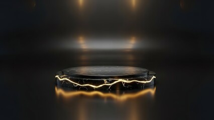 Futuristic Black Pedestal with Golden Electrical Discharge and Dramatic Lighting, Abstract Tech Display.