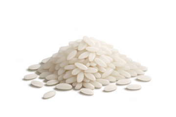 Uncooked white rice grains forming a small pile, essential ingredient for cooking and asian cuisine, transparent background