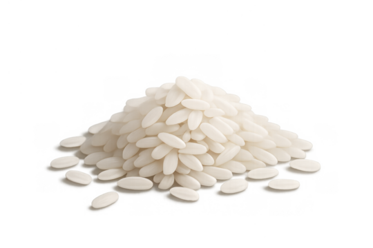 Uncooked white rice grains forming a small pile, essential ingredient for cooking and asian cuisine, transparent background