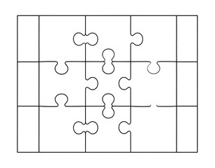 Black outlined puzzle of nine pieces with a rectangular shape on a plain white background