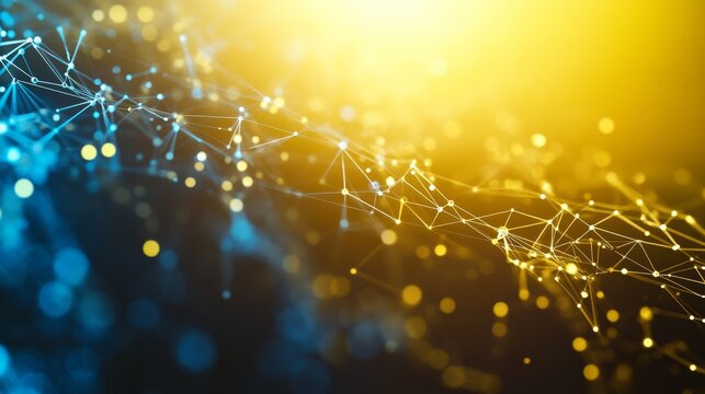 Intricate Mesh of Digital Fabric Web of Interconnected Polygons and Points in Yellow Abstract