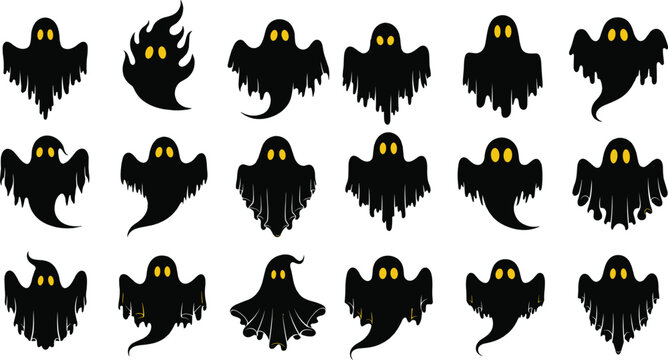 Ghost silhouettes, spooky icons, Halloween spirits, glowing eyes, black figures, scary shapes, vector illustration, eerie design, monster pack - Powered by Adobe
