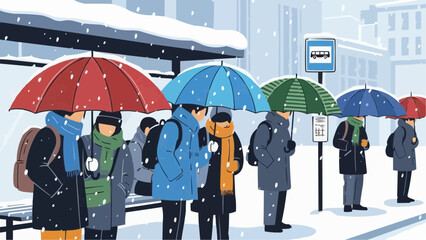 A group of people with colorful umbrellas at a bus stop in a snowy city, a vector illustration for the winter Christmas season
