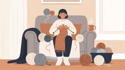 A heartwarming vector illustration capturing the serene joy of a woman knitting a cozy scarf indoors, perfect for a relaxing winter evening and festive Christmas holiday