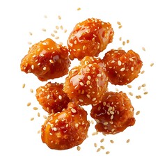 Delicious Appetizing Sesame Chicken Pieces with Sweet and Savory Sauce are Floating in Air Ready to be Served Appetizer Dish with Fried Chicken and Sesame Seeds