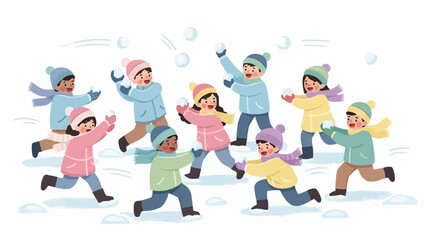 Happy diverse children having a snowball fight in a winter landscape, a joyful Christmas vector illustration