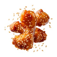 Delicious Sesame Chicken Pieces Glazed with Savory Sauce Floating in Air Ready to be Served Prepared Food with Fried Chicken and Sesame Seeds Sprinkled on Top
