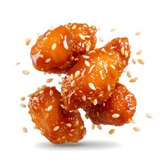 Tasty Sesame Chicken Pieces with Savory Sauce Floating in Air Served as Appetizer Asian Cuisine Ready to Eat Fried Chicken Dish with Sesame Seeds Sprinkled on Top
