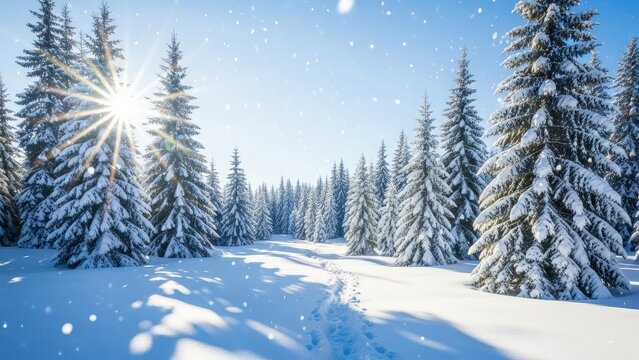 A snowy forest landscape with tall evergreen trees and bright sun shining through the branches on a winter day