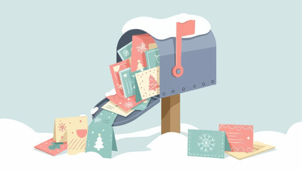 A charming vector illustration of a mailbox overflowing with festive Christmas cards and greetings in a snowy winter landscape