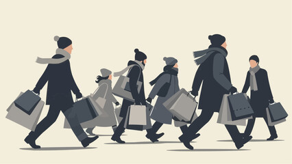 Vector illustration of a family and shoppers walking with bags during winter Christmas sales