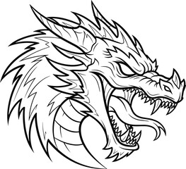 Fierce dragon head vector illustration, aggressive black and white line art mascot logo design, fantasy creature sketch for tattoo or coloring