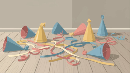 Vector illustration of discarded party hats and streamers on a wooden floor after a celebration, symbolizing the end of a festive event like winter holidays or Christmas