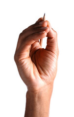 African-american man with graphite pencil on white background, closeup