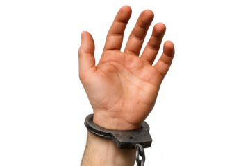 Handcuffed human hand symbolizing arrest, crime, justice, punishment, and freedom issues on transparent background