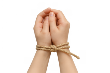 Human hands tied together with rope symbolizing captivity, restraint, and human rights issues on transparent background