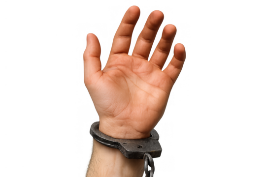 Handcuffed human hand symbolizing arrest, crime, justice, punishment, and freedom issues on transparent background