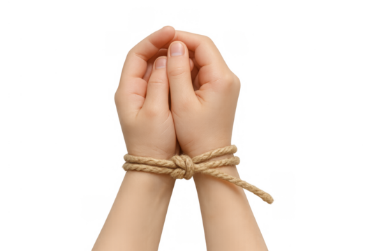 Human hands tied together with rope symbolizing captivity, restraint, and human rights issues on transparent background - Powered by Adobe